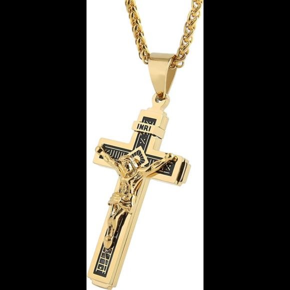 Catholic Jesus Christ on INRI Cross Crucifix Gold Silver  Pendant Necklace 22" - Picture 4 of 5